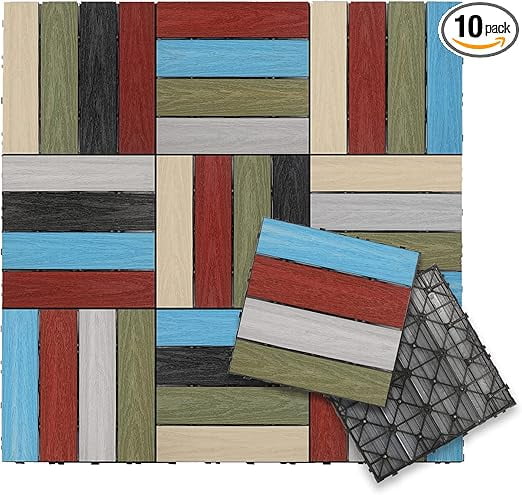 Rainbow Composite Interlocking Deck Tiles for Outdoor Flooring, Set of 10