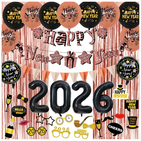 NewYear Decorations 2026, NewYears Eve Party Supplies 2026 with Happy NewYear Banner Hat Paper Glasses Fringe Curtains 2026 Balloons for Happy NewYears 2026 Decorations