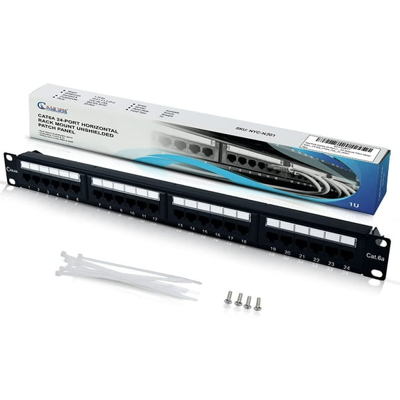 NewYork Cables 24 Port Cat6a Patch Panel 1U Rackmount 19 Inch, Horizantal RJ45 Network Patch Panel
