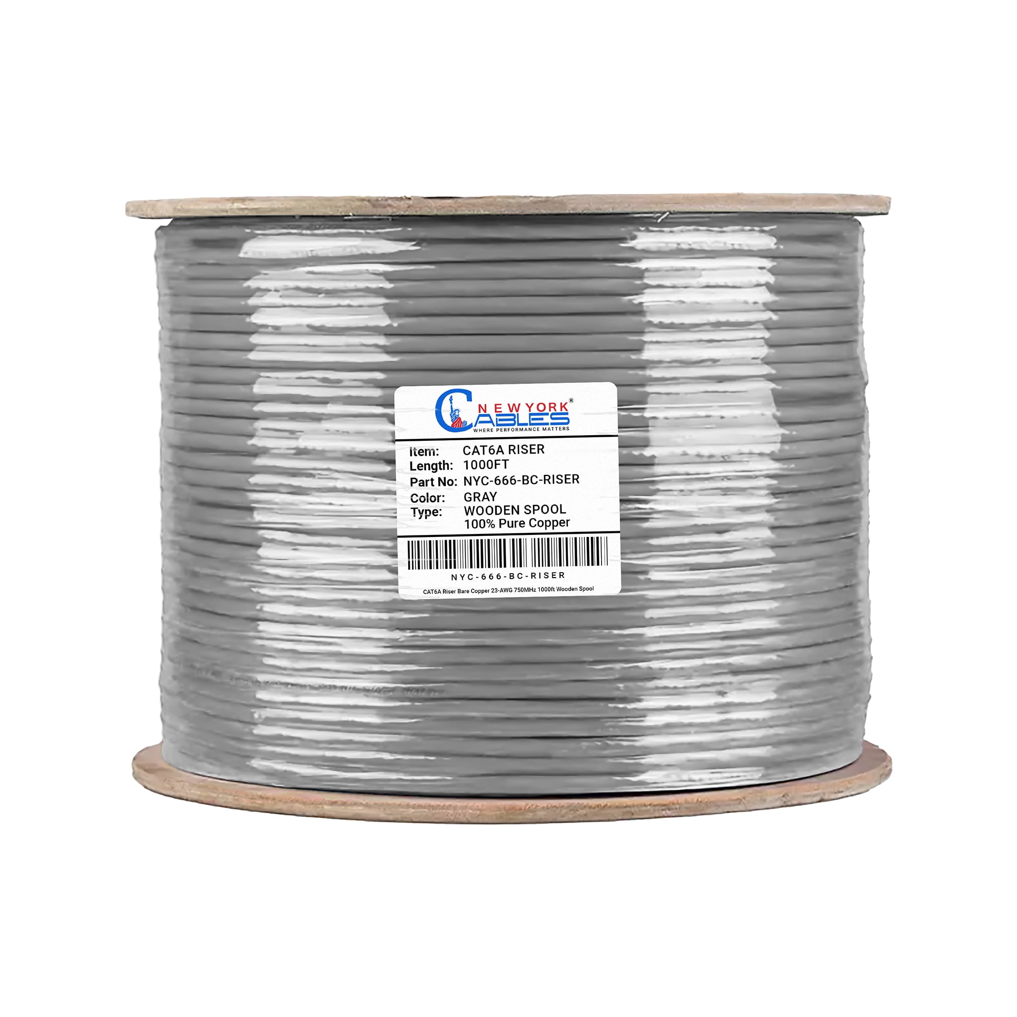NewYork Cables Bulk 1000ft Cat6A Riser CMR Solid Bare Copper 750Mhz UTP Ethernet LAN Cable Grey