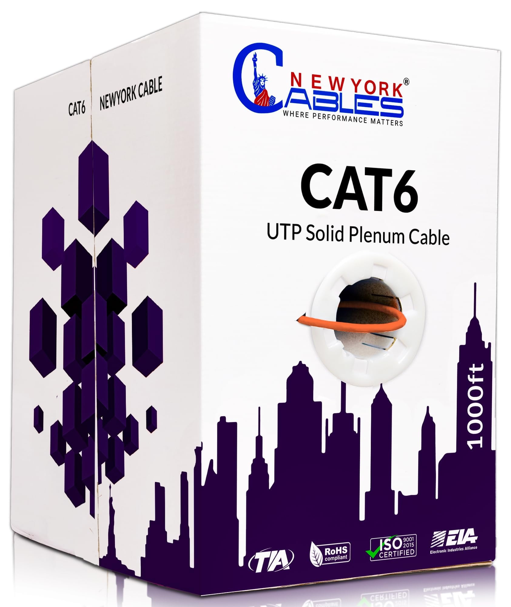 NewYork Cables Cat6 Plenum CCA 1000ft Bulk Ethernet Network LAN Cable UTP 4Pairs 550MHz 23AWG Orange