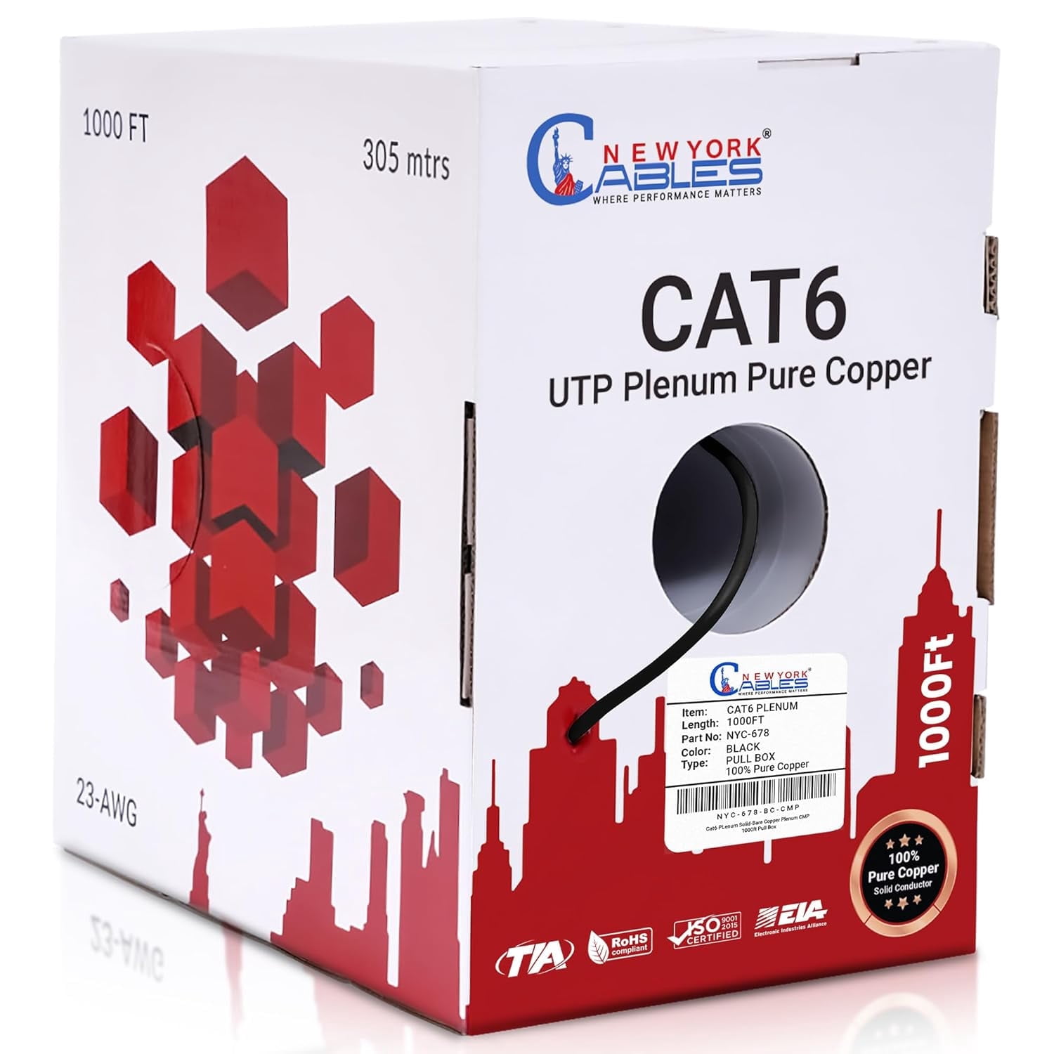 NewYork Cables | Cat6 Plenum Ethernet Cable Pure Copper 1000ft UTP 4Pairs 550MHz 23AWG 10 GB Black