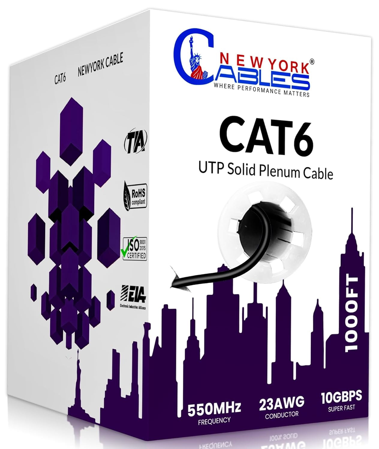 NewYork Cables Cat6 Plenum CCA 1000ft Bulk Ethernet Network LAN Cable UTP 4Pairs 550MHz 23AWG Black