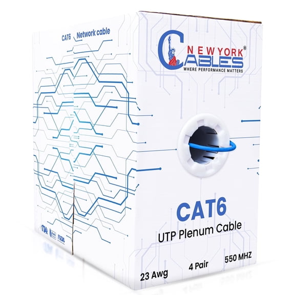 Cat6 Plenum Ethernet Cable 1000ft, 23AWG 4-Pair UTP, CMP Rated, 550MHz, 10Gbps, CCA, Blue Bulk LAN Network Cable