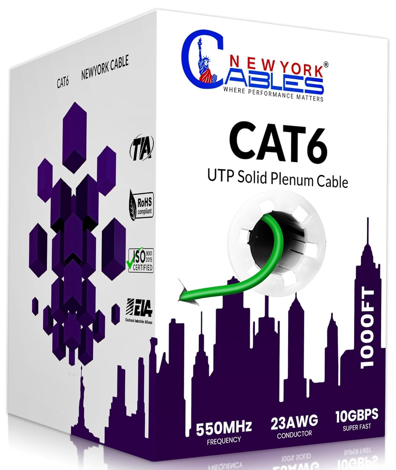 NewYork Cables Cat6 Plenum CCA 1000ft Bulk Ethernet Network LAN Cable UTP 4Pairs 550MHz 23AWG Green