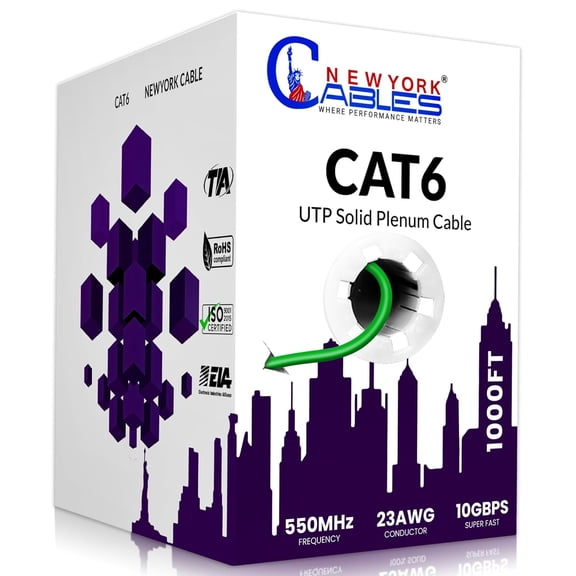 NewYork Cables Cat6 Plenum CCA 1000ft Bulk Ethernet Network LAN Cable UTP 4Pairs 550MHz 23AWG Green