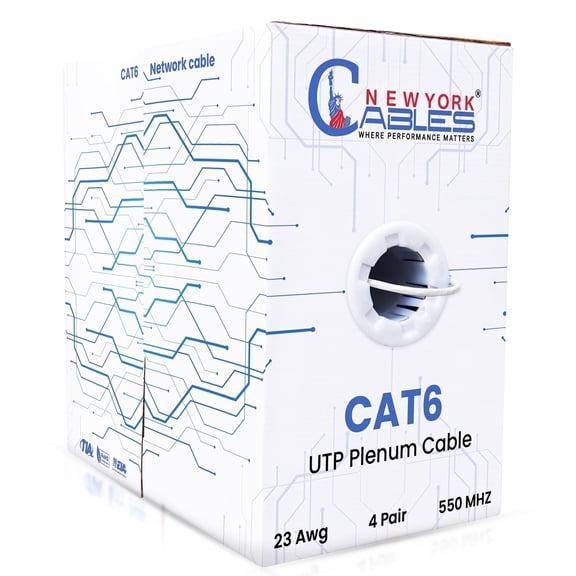 Cat6 Plenum Ethernet Cable 1000ft, 23AWG 4-Pair UTP, CMP Rated, 550MHz, 10Gbps, CCA, White Bulk LAN Network Cable