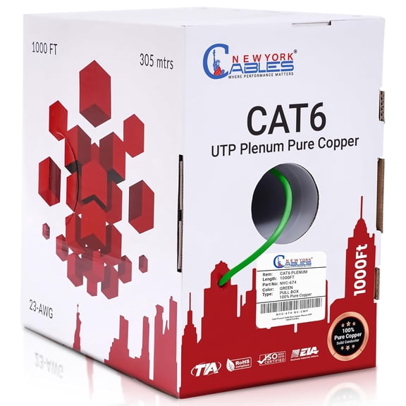 NewYork Cables | Cat6 Plenum Ethernet Cable Pure Copper 1000ft UTP 4Pairs 550MHz 23AWG 10 GB Green