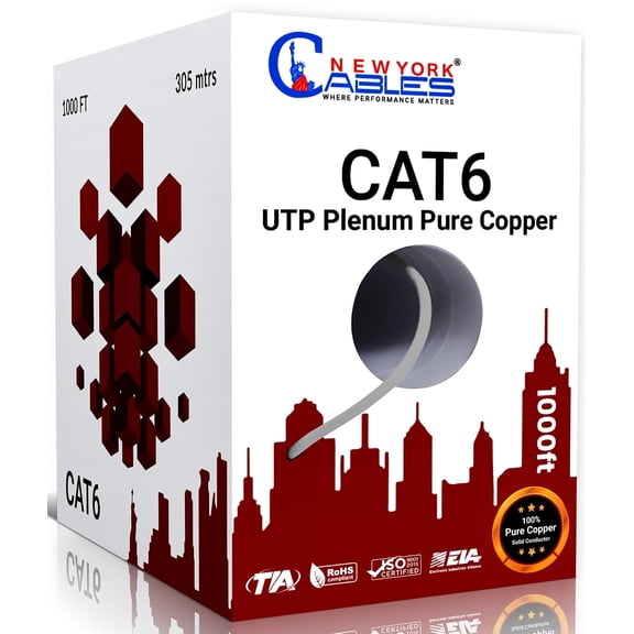 NewYork Cables | Cat6 Plenum Ethernet Cable Pure Copper 1000ft UTP 4Pairs 550MHz 23AWG 10 GB Grey