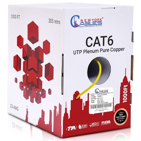 NewYork Cables | Cat6 Plenum Ethernet Cable Pure Copper 1000ft UTP 4Pairs 550MHz 23AWG 10 GB Yellow