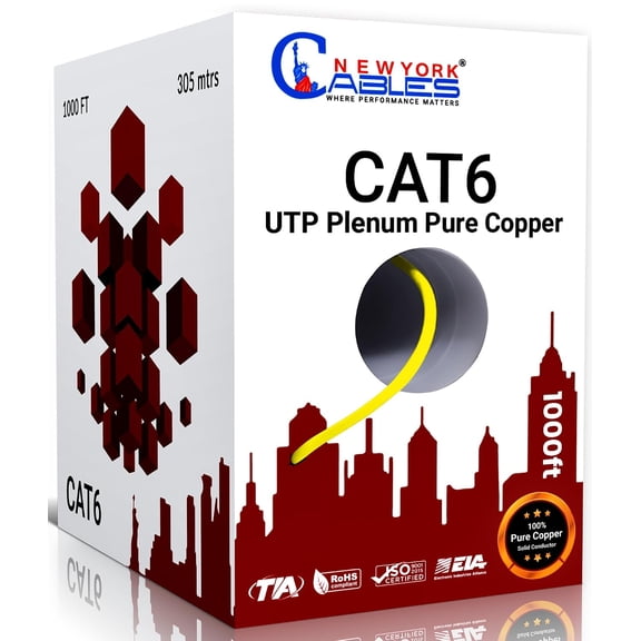 NewYork Cables | Cat6 Plenum Ethernet Cable Pure Copper 1000ft UTP 4Pairs 550MHz 23AWG 10 GB Yellow