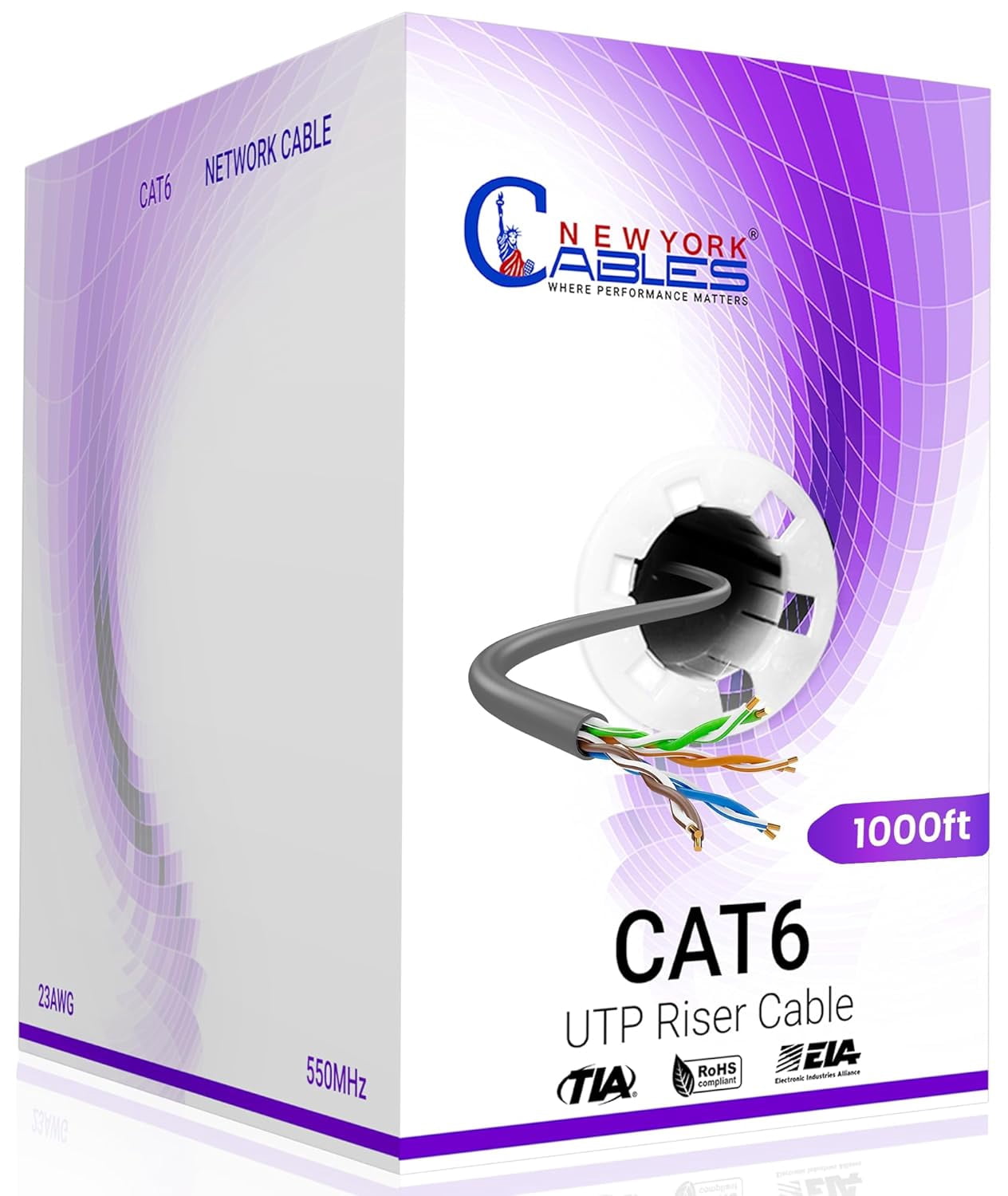 NewYork Cables Cat6 Riser CCA 1000ft Bulk Ethernet Network Lan Cable UTP 4Pairs 550MHz 23AWG Grey