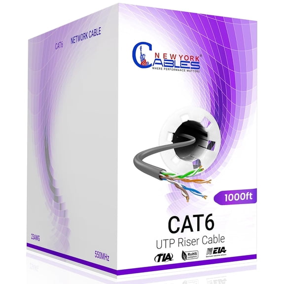 NewYork Cables Cat6 Riser CCA 1000ft Bulk Ethernet Network Lan Cable UTP 4Pairs 550MHz 23AWG Grey