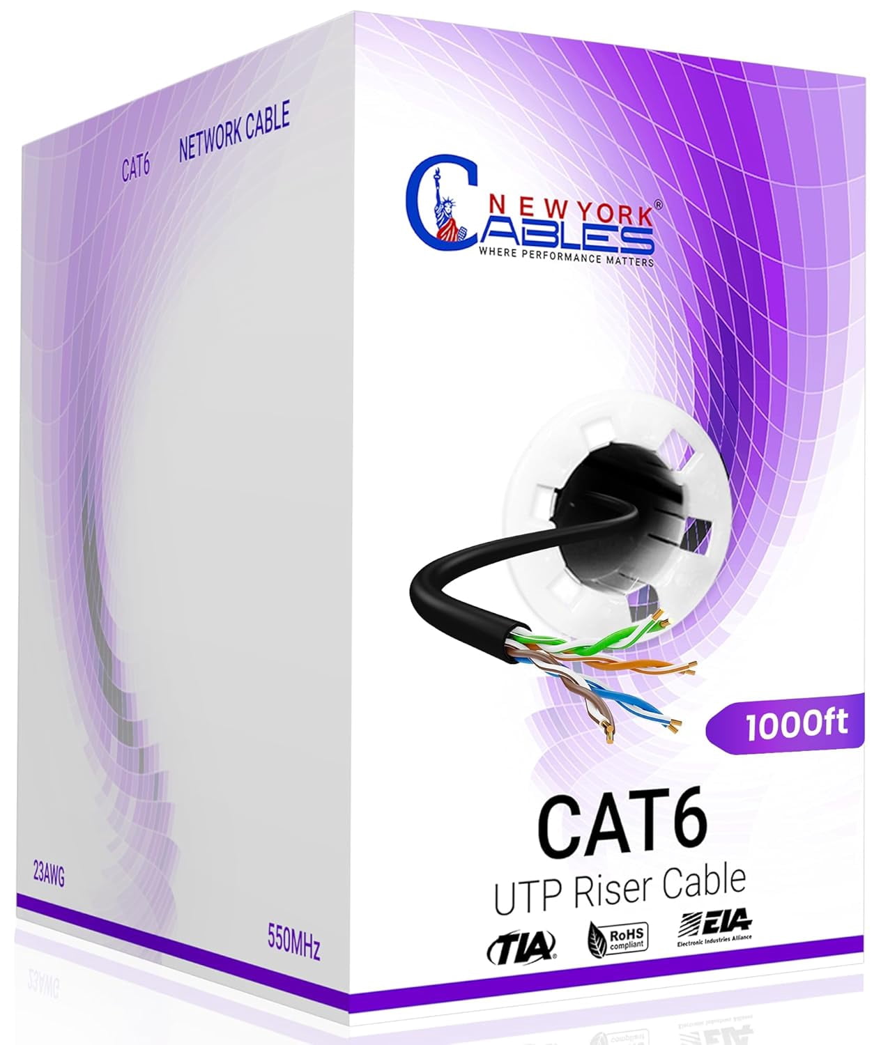 NewYork Cables Cat6 Riser CCA 1000ft Bulk Ethernet Network Lan Cable UTP 4Pairs 550MHz 23AWG Black