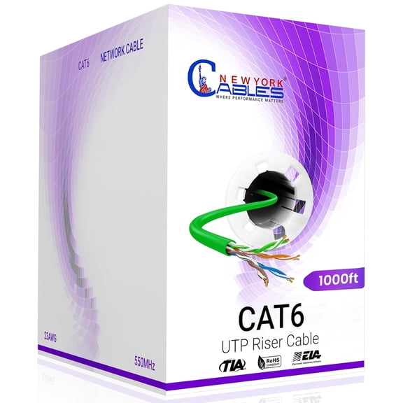 NewYork Cables Cat6 Riser CCA 1000ft Bulk Ethernet Network Lan Cable UTP 4Pairs 550MHz 23AWG Green