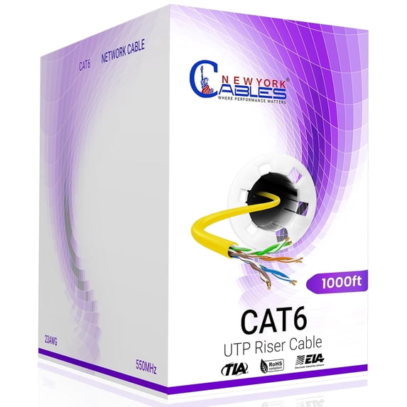 NewYork Cables Cat6 Riser Ethernet Cable 1000ft, 100% CCA, CMR Rated, 23 AWG UTP, 550MHz, Up to 10Gbps, Bulk Network Cable Yellow
