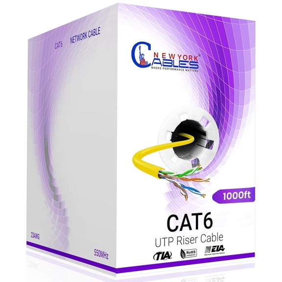NewYork Cables Cat6 Riser Ethernet Cable 1000ft, 100% CCA, CMR Rated, 23 AWG UTP, 550MHz, Up to 10Gbps, Bulk Network Cable Yellow