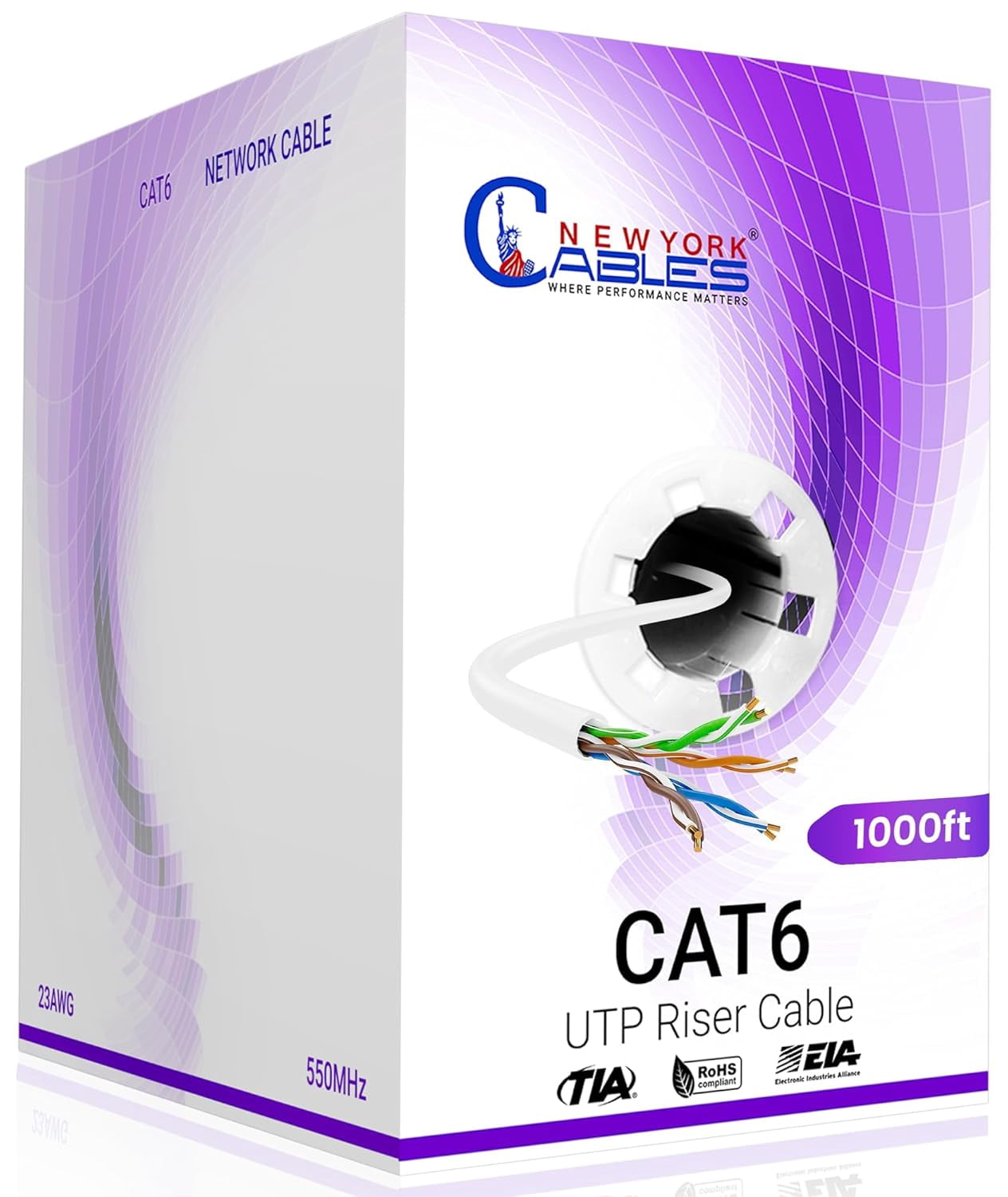 NewYork Cables Cat6 Riser CCA 1000ft Bulk Ethernet Network Lan Cable UTP 4Pairs 550MHz 23AWG White