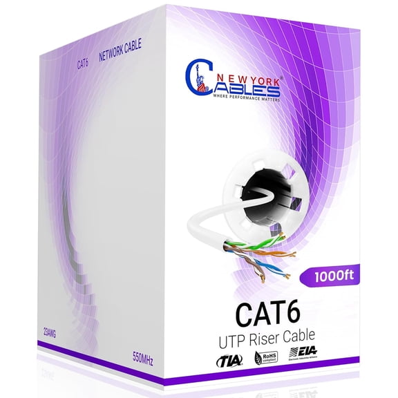 NewYork Cables Cat6 Riser CCA 1000ft Bulk Ethernet Network Lan Cable UTP 4Pairs 550MHz 23AWG White