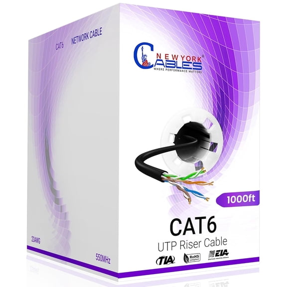 NewYork Cables Cat6 Riser Ethernet Cable 1000ft, 100% CCA, CMR Rated, 23 AWG UTP, 550MHz, Up to 10Gbps, Bulk Network Cable Black