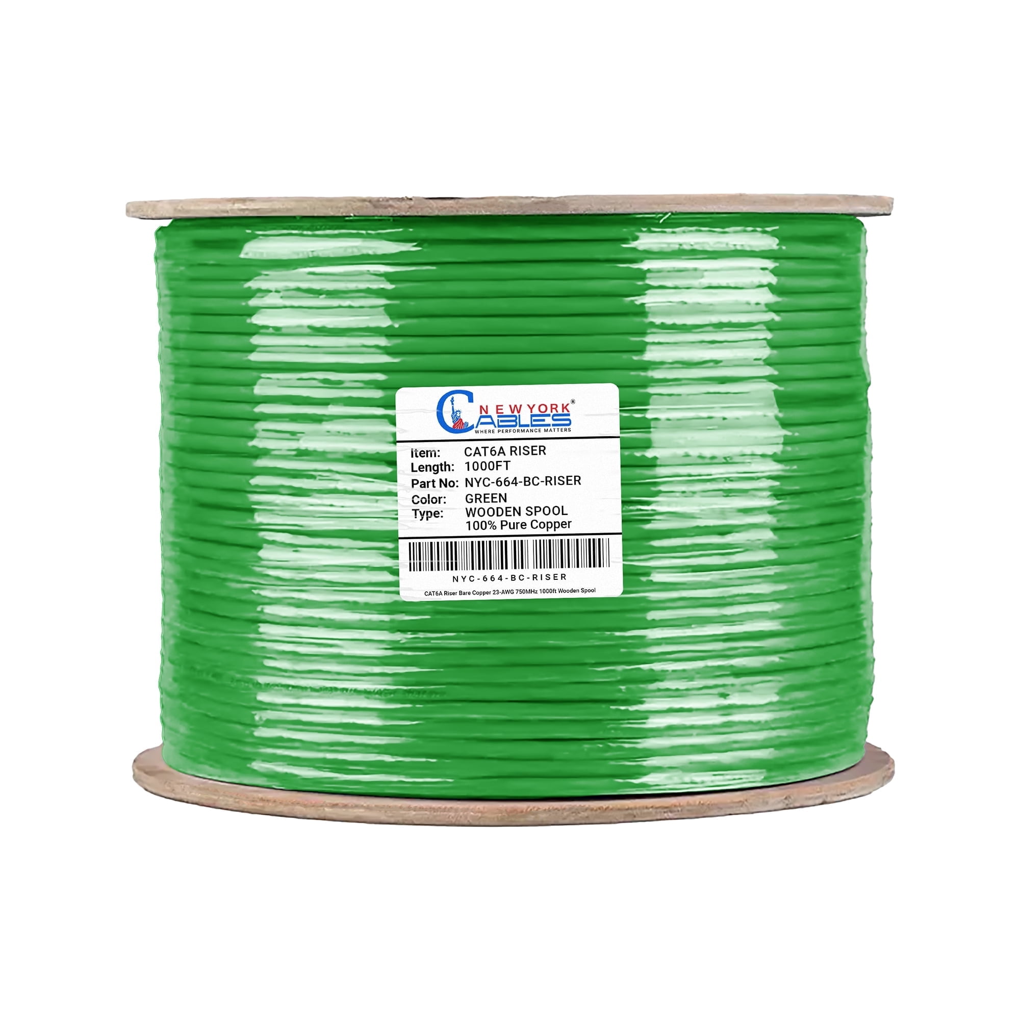 NewYork Cables Cat6A Riser Cable 1000ft – 100% Solid Bare Copper, 23AWG UTP, 750MHz, Bulk Ethernet Cable, Green