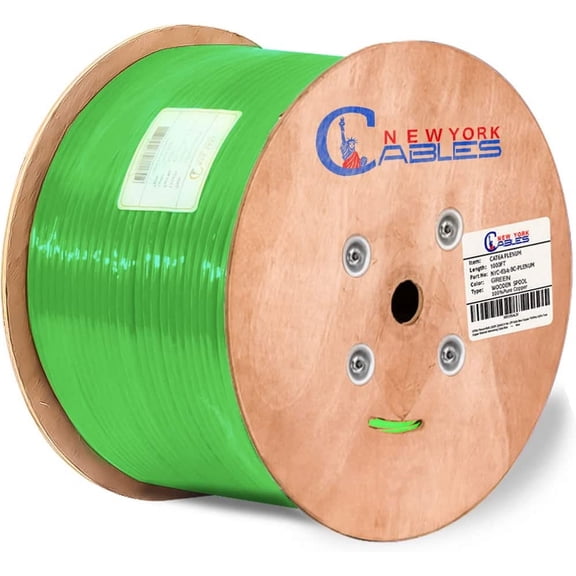 NewYork Cables Cat6a Plenum Cable 1000ft CMP 100% Pure Bare Copper 750MHz, 23AWG, UTP Bulk Ethernet Green