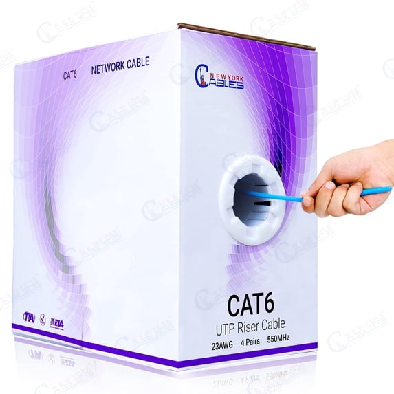 NewYork Cables Cat6 Riser Ethernet Cable 1000ft, 100% CCA, CMR Rated, 23 AWG UTP, 550MHz, Up to 10Gbps, Bulk Network Cable Blue