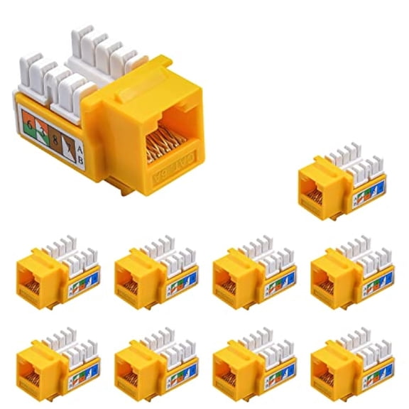 NewYork Cables Pack of 25 Cat6a RJ45 Keystone Jack, 90 Degree Insert UTP 110 Punch Down Female Network Ethernet Adapter Compatible with Wall Plate, Faceplate, Unloaded Blank Patch Panel | Yellow