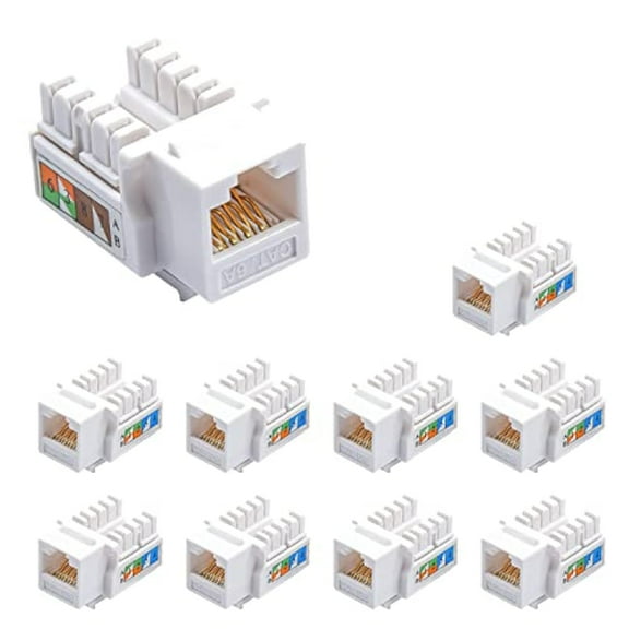NewYork Cables® Pack of 50 Cat6a RJ45 Keystone Jack, 90 Degree Insert UTP 110 Punch Down Female Network Ethernet Adapter Compatible with Wall Plate, Faceplate, Unloaded Blank Patch Panel | White
