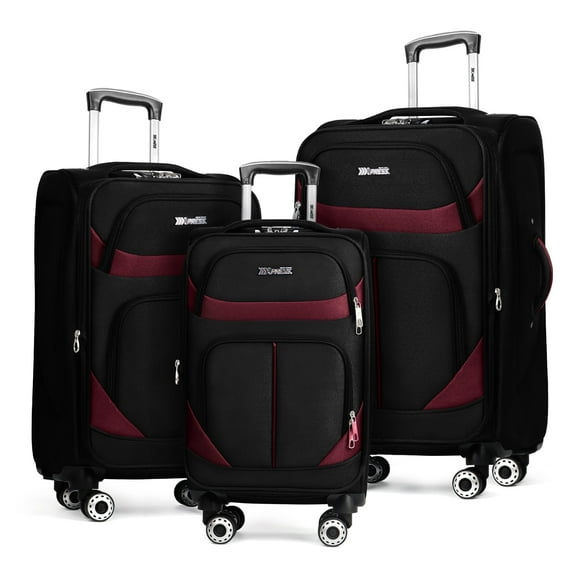 New York Xpress 3-Piece Softside Luggage Set Lightweight Spinner Expandable Suitcases, 20"/24"/28", Black/Burgundy, WD8815