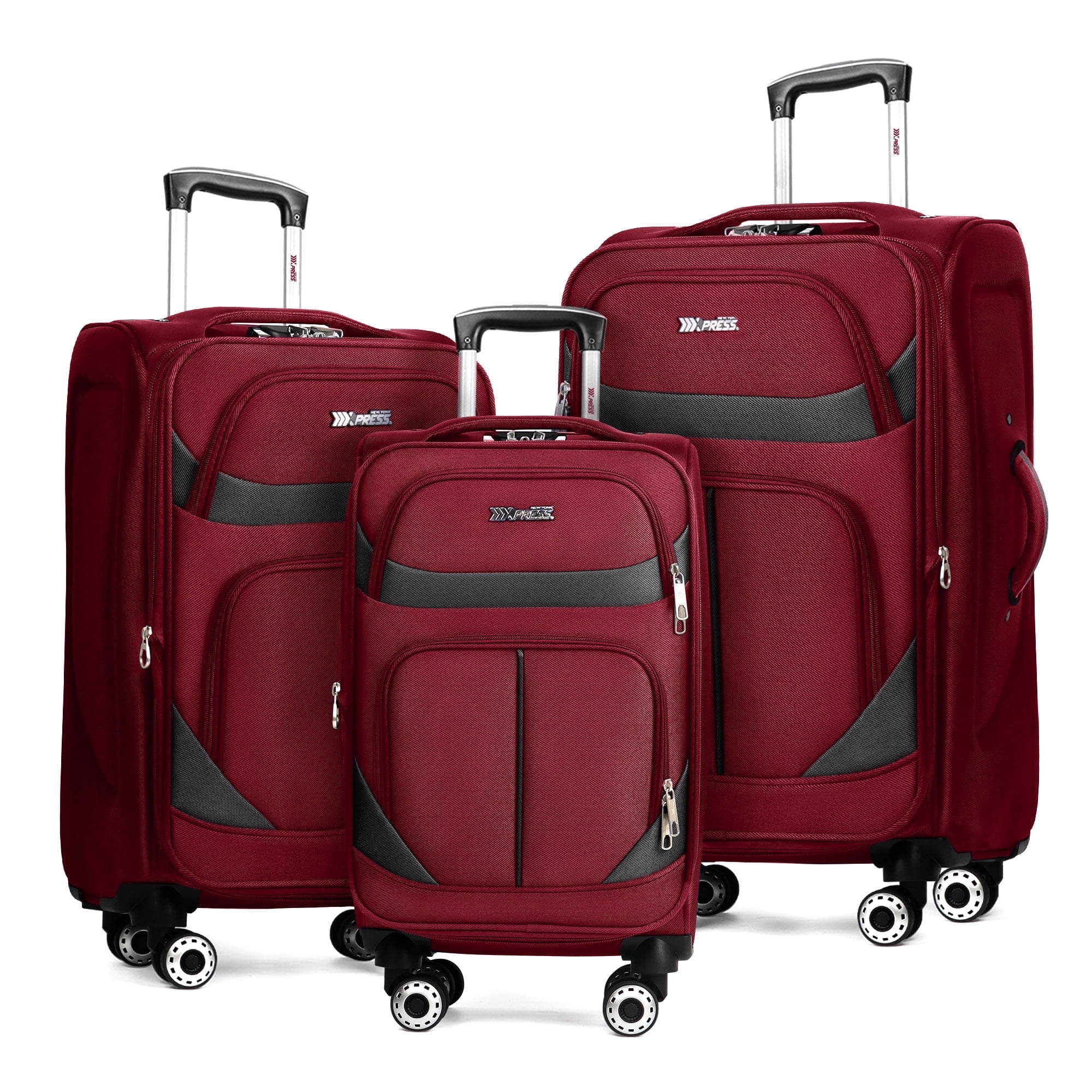 New York Xpress 3-Piece Softside Luggage Set Lightweight Spinner Expandable Suitcases, 20"/24"/28", Burgundy/Grey, WD8815