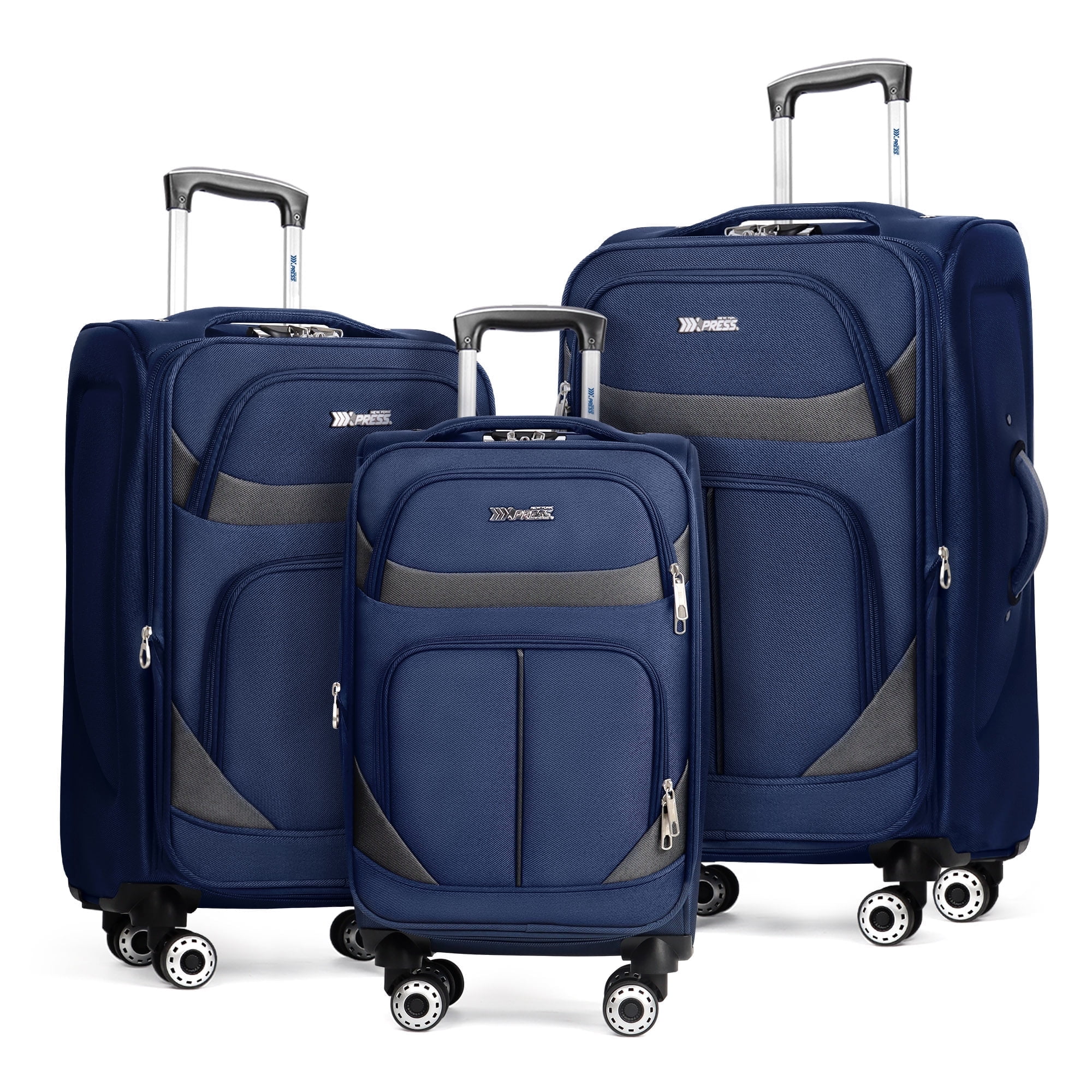 New York Xpress 3-Piece Softside Luggage Set Lightweight Spinner Expandable Suitcases, 20"/24"/28", Navy/Grey, WD8815