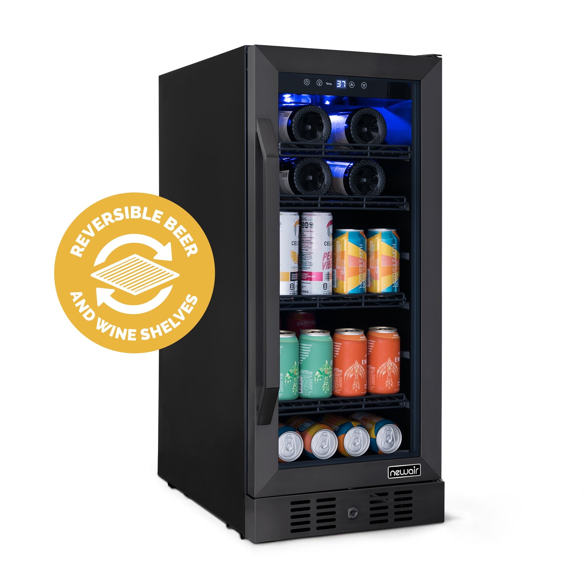 Newair 15" Wine & Beverage Refrigerator, Hold 80 Cans or 33 Bottles, Black