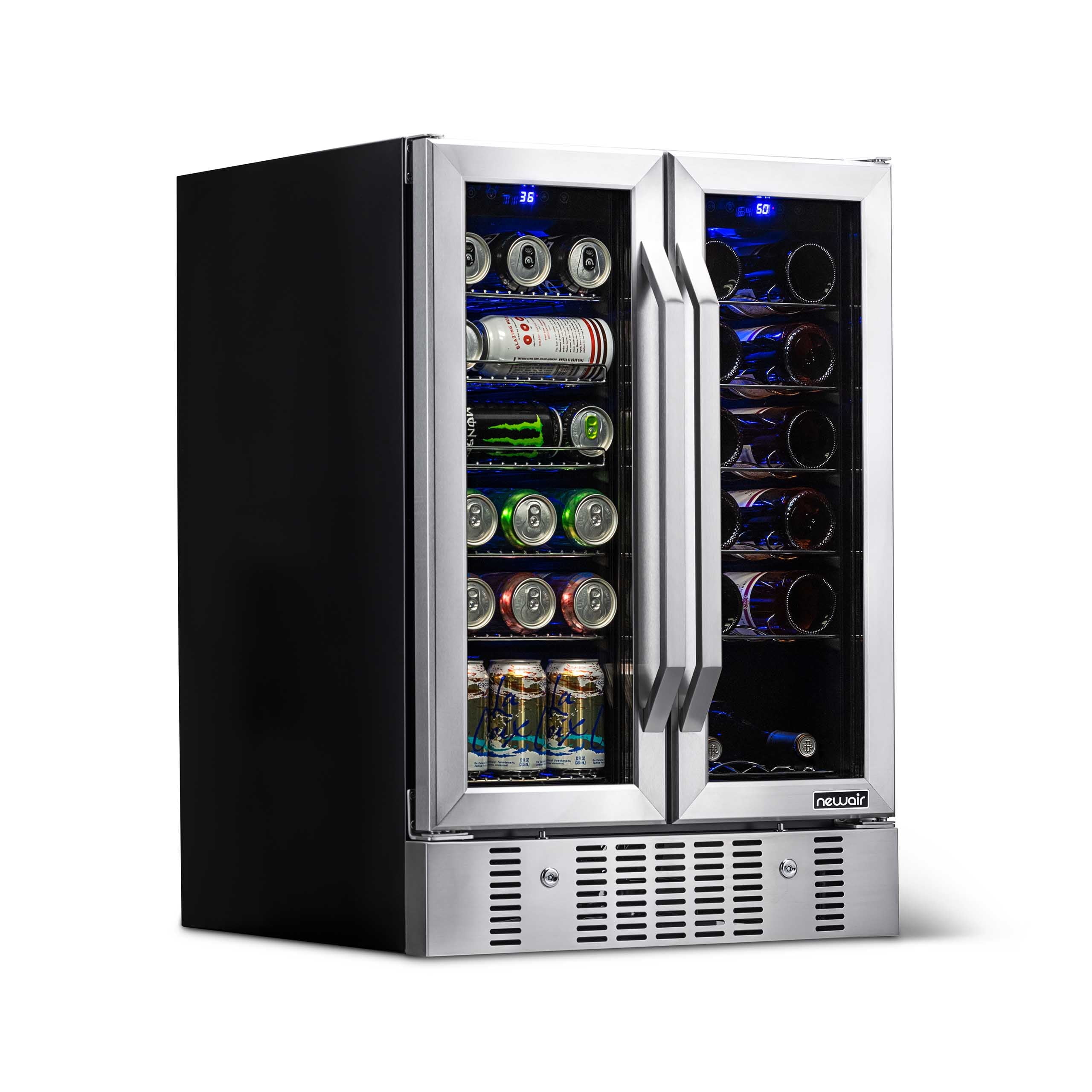 NewAir 18 Bottle 58 Can Stainless Steel French Door, Dual Zone Wine and Beverage Refrigerator Cooler