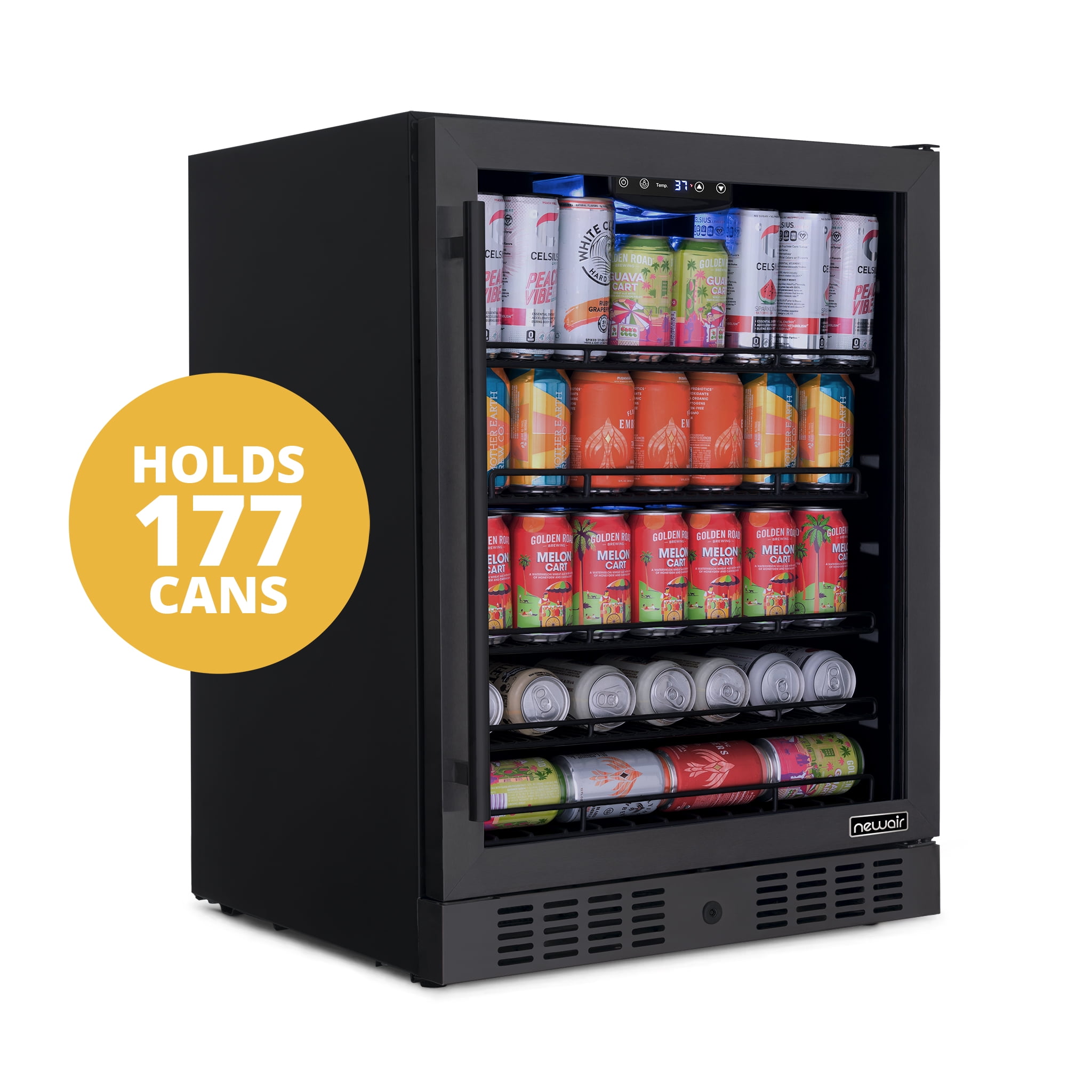 Newair 24" Beverage Refrigerator Cooler, 177 Can Black Stainless Steel