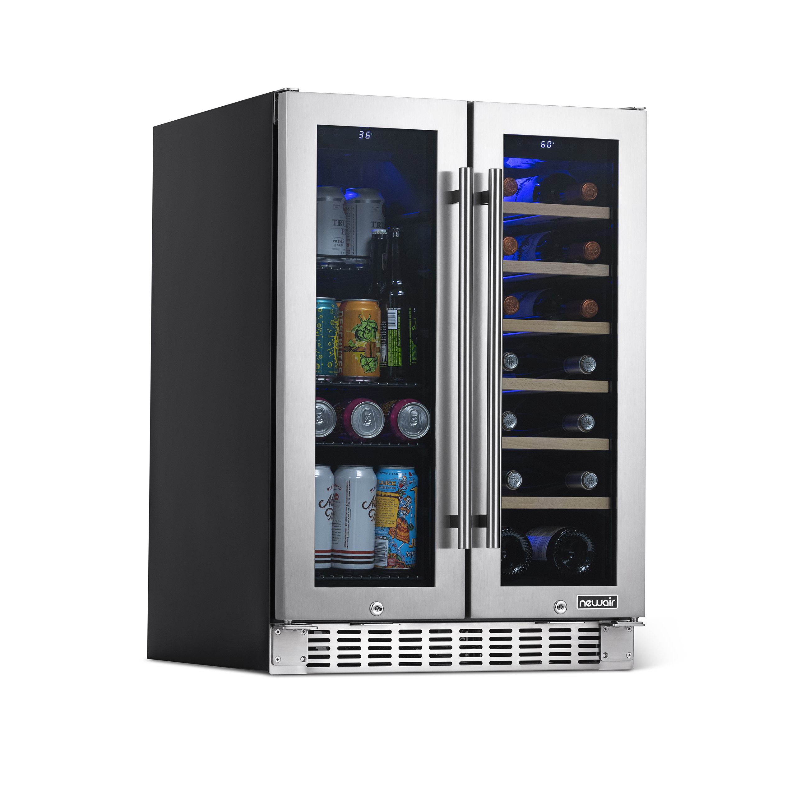 Newair 24" Premium Built-in Dual Zone 18 Bottle and 58 Can French Door Wine and Beverage Fridge in Stainless Steel with SplitShelf and Beech Wood Shelves - image 1 of 11
