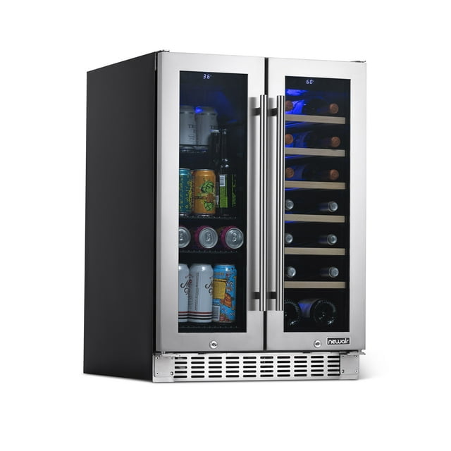 Newair 24" Premium Built-in Dual Zone 18 Bottle and 58 Can French Door Wine and Beverage Fridge in Stainless Steel with SplitShelf and Beech Wood Shelves