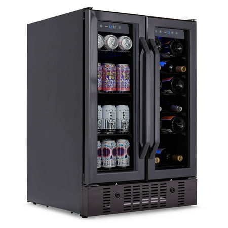 NewAir - 24” Built-in Dual Zone 18 Bottle and 58 Can Wine and Beverage Cooler with French Doors and Adjustable Shelves - Black Stainless Steel