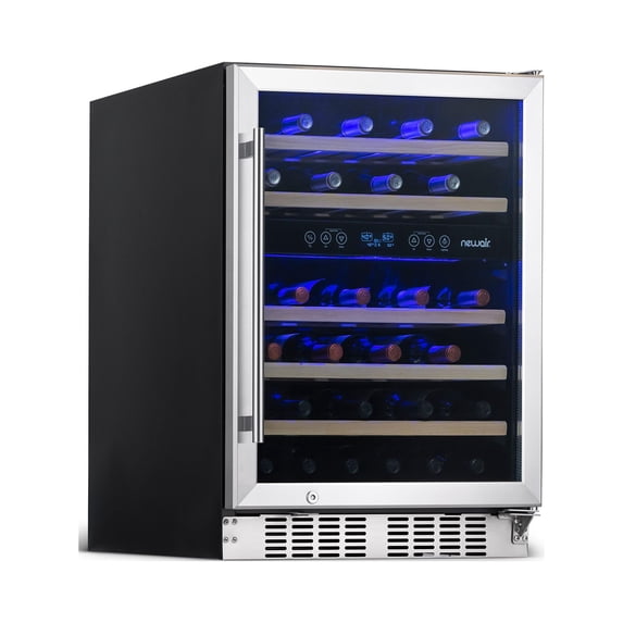 Newair 24 inch 46 Bottle Wine Cooler Refrigerator, Built-in Recessed Kickplate, Dual Zone Wine Fridge in Stainless Steel