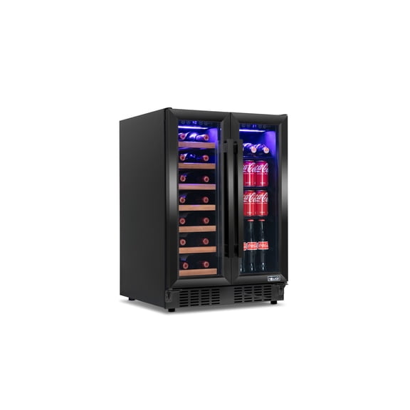 Newair Dual Zone 24 in. Built-In 20 Bottle and 78 Can Wine and Beverage Cooler with French Doors Black Stainless Steel