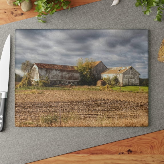 U R There Photography Newark Road Whites Rustic Farmhouse Tempered-Glass Cutting Board 11"x 15"