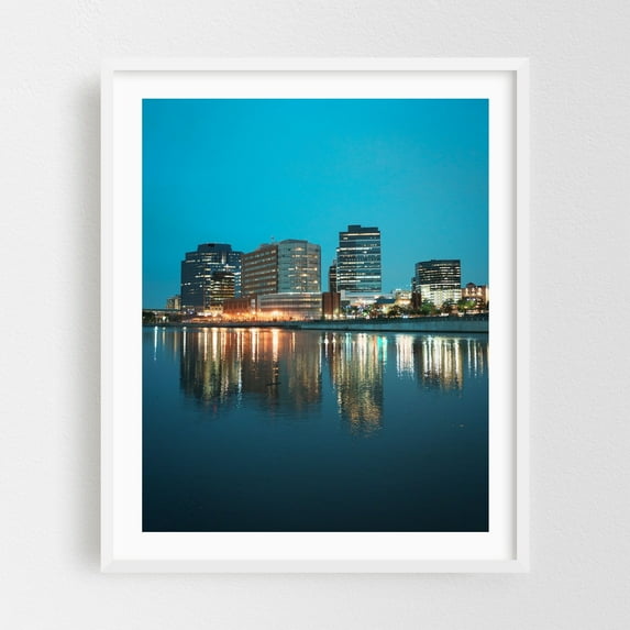 Newark Skyline 01 - Newark New Jersey Photography Cityscape Skyline Architecture Nightlife White Framed Wall Art Print 11 x 14 inches