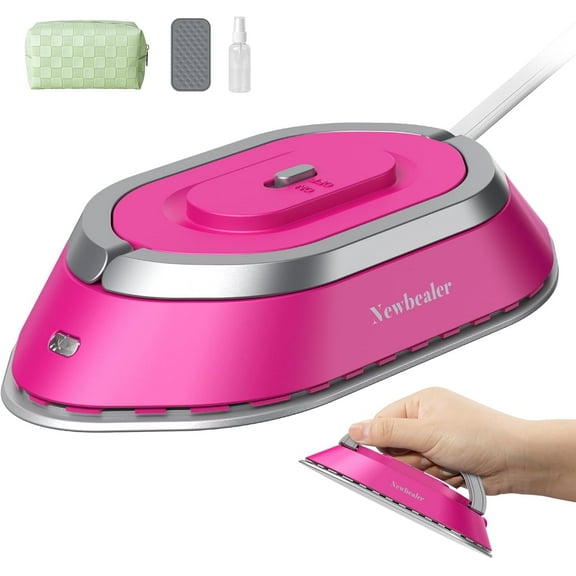 Newbealer 100-240V Travel Iron,Mini Dry Iron for Clothes,Ultra-Large Ceramic Non-Stick Soleplate,Lightweight Iron for Sewing, Quilting and Handcraft,Hot Pink