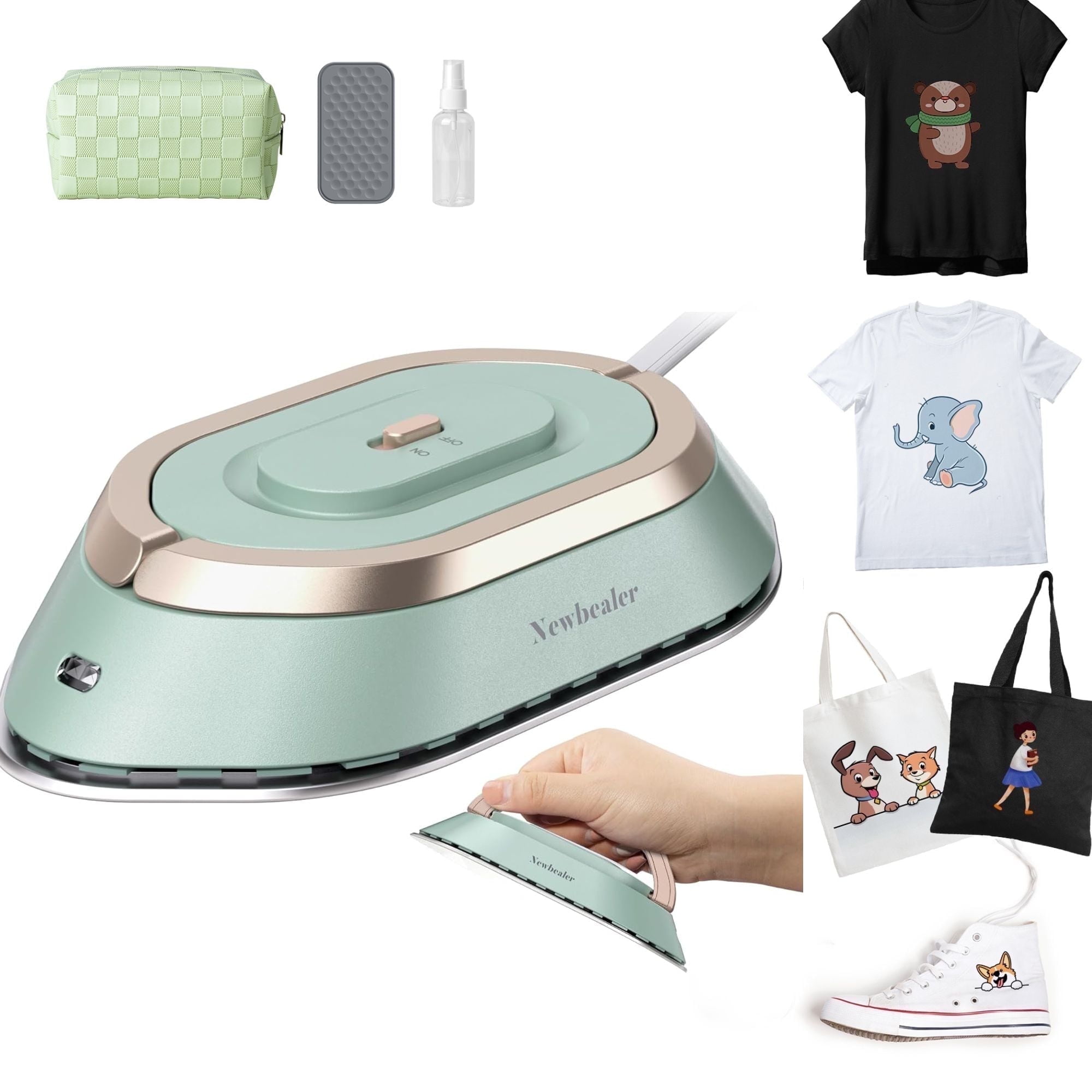 Newbealer Mini Heat Press Iron,100V-240V Portable Travel Iron for Clothes,Non-Stick Ceramic Soleplate,0.8lb Mini Craft Iron for T-Shirt Heating Transfer ,Green
