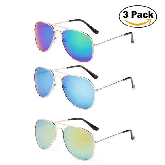 Newbee Fashion - 2 Pack & 3 Pack Classic Aviator Sunglasses Flash Full Mirror lenses Metal Frame for Men Women UV Protection