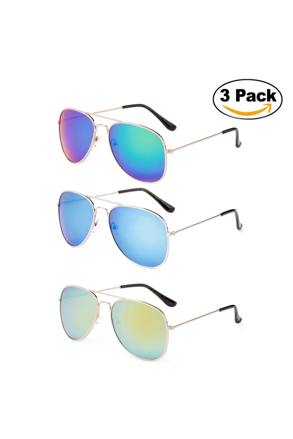 - 2 Pack & 3 Pack Classic Aviator Sunglasses Flash Full Mirror lenses Metal Frame for Men Women UV Protection