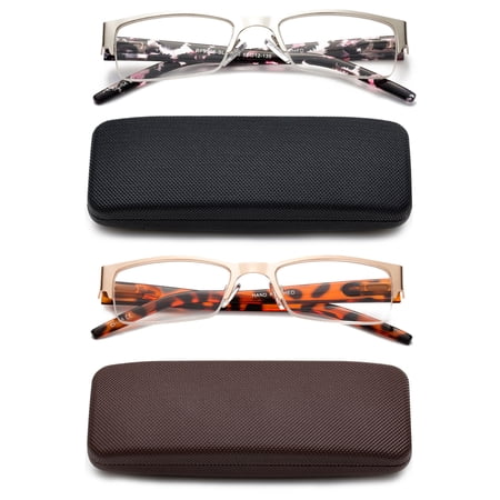 Newbee Fashion-2 Pack Half Frame Reading Glasses for Women for Men Spring Hinge Men and Women Readers with Hard Case