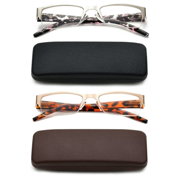 Newbee Fashion-2 Pack Half Frame Reading Glasses for Women for Men Spring Hinge Men and Women Readers with Hard Case