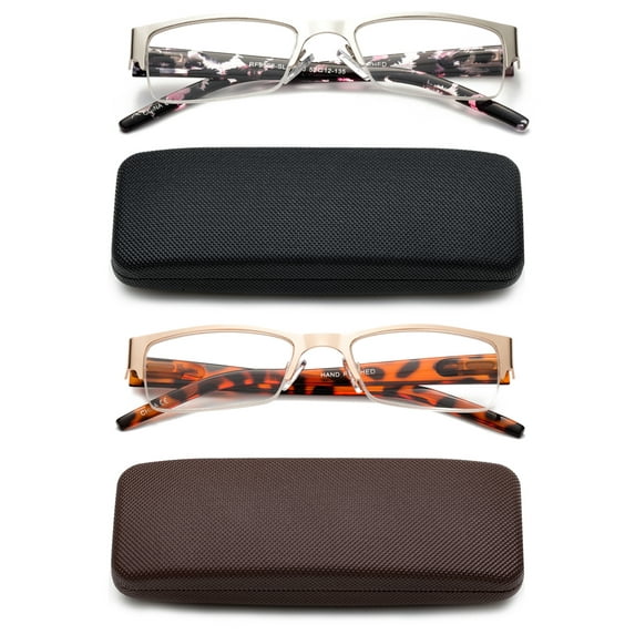 Newbee Fashion-2 Pack Half Frame Reading Glasses for Women for Men Spring Hinge Men and Women Readers with Hard Case