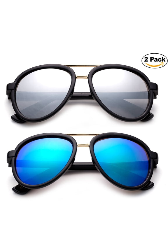 Newbee Fashion 2 Pack -Kids Girls Boys Plastic Aviator Sunglasses with Metal Bridge Stylish Fashion Kids Sunglasses with Flash Mirrorrd Lens UV Protection Lead Free High Quality